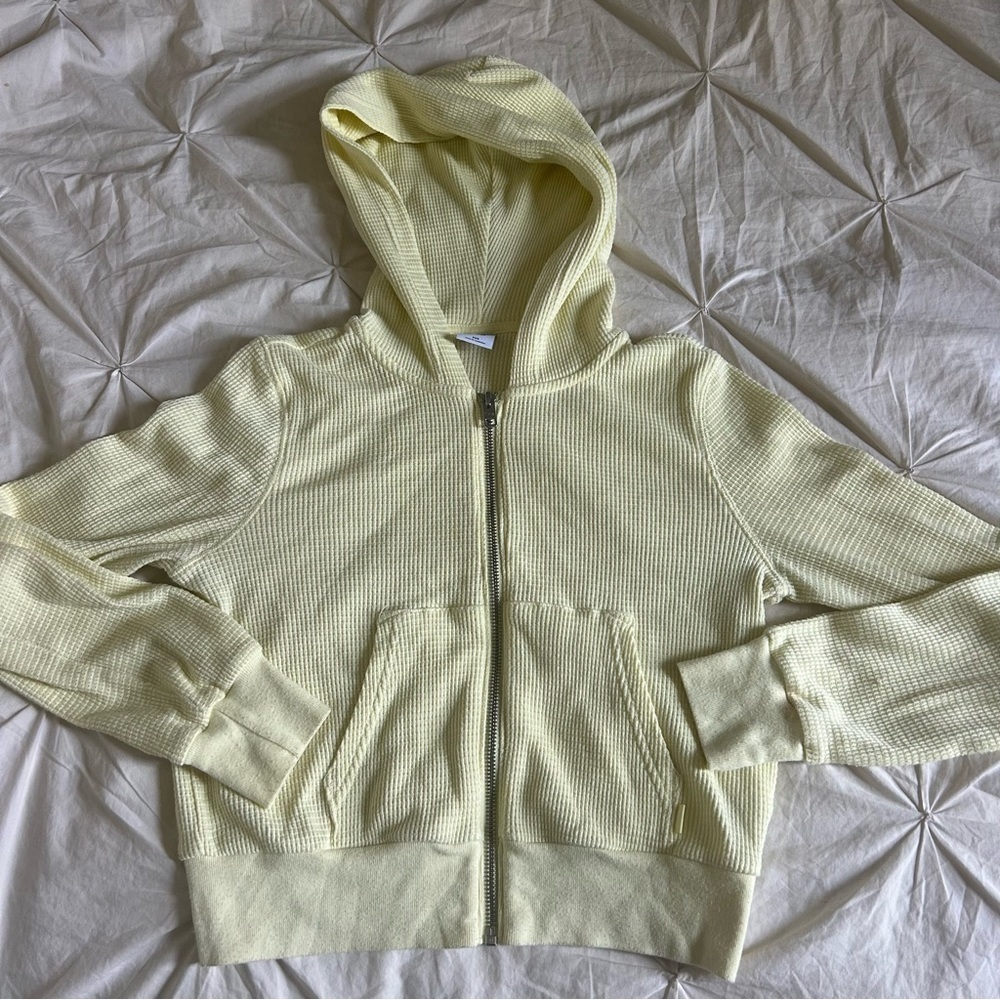 TNA By Aritzia Womens 2XS Butter Yellow Hooded Waffle-Knit Zip-Up Jacket